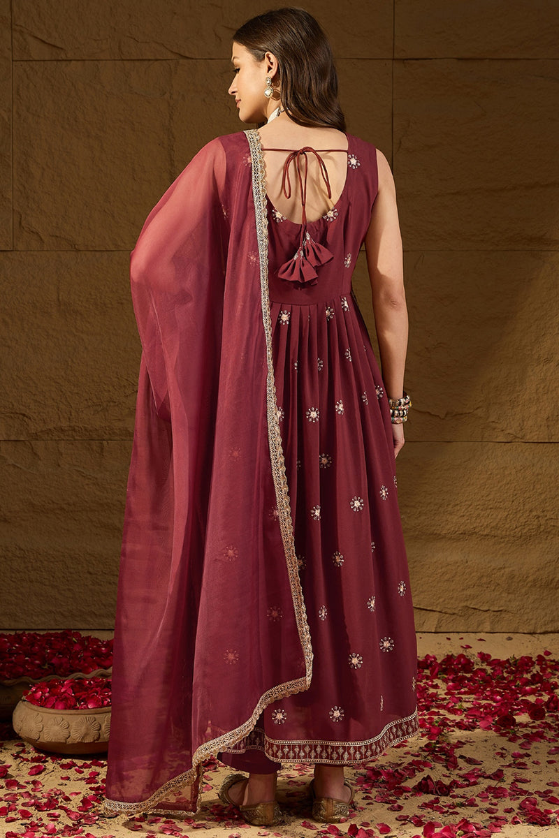 Rust Red Poly Georgette Solid Embroidered Straight Suit Set PKSKD2008
