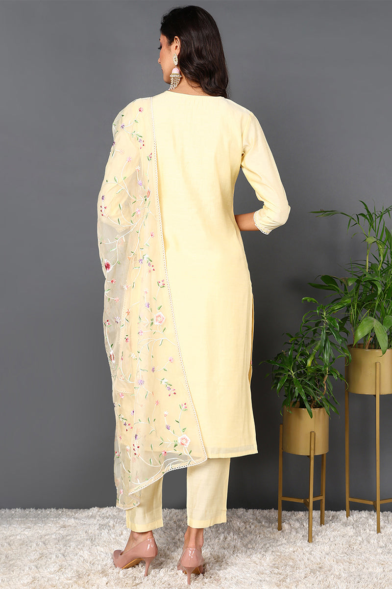 Yellow Silk Blend Solid Embroidered Straight Suit Set PKSKD2011