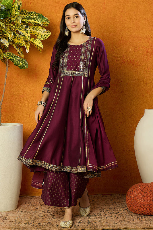 Plus Size Purple Silk Blend Solid Anarkali Style Suit Set PKSKD2020