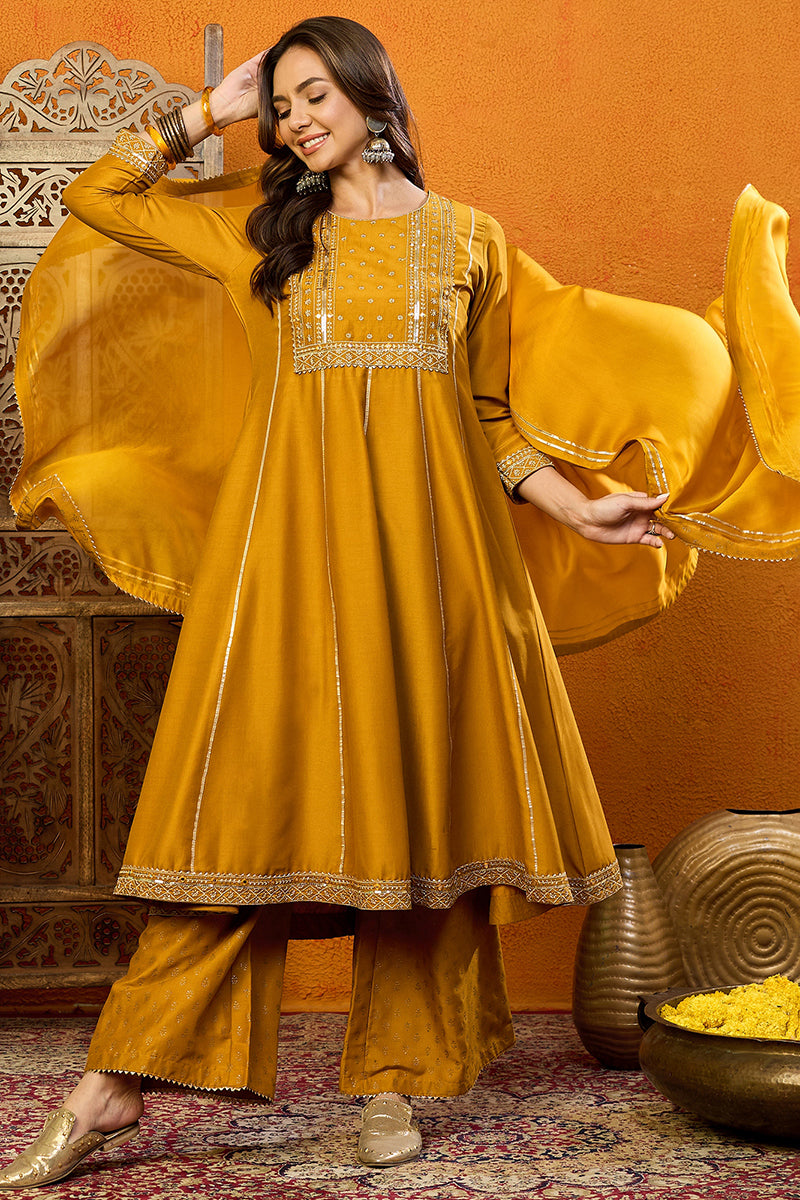 Mustard Yellow Silk Blend Solid Embroidered Anarkali Suit Set PKSKD202 Ahika