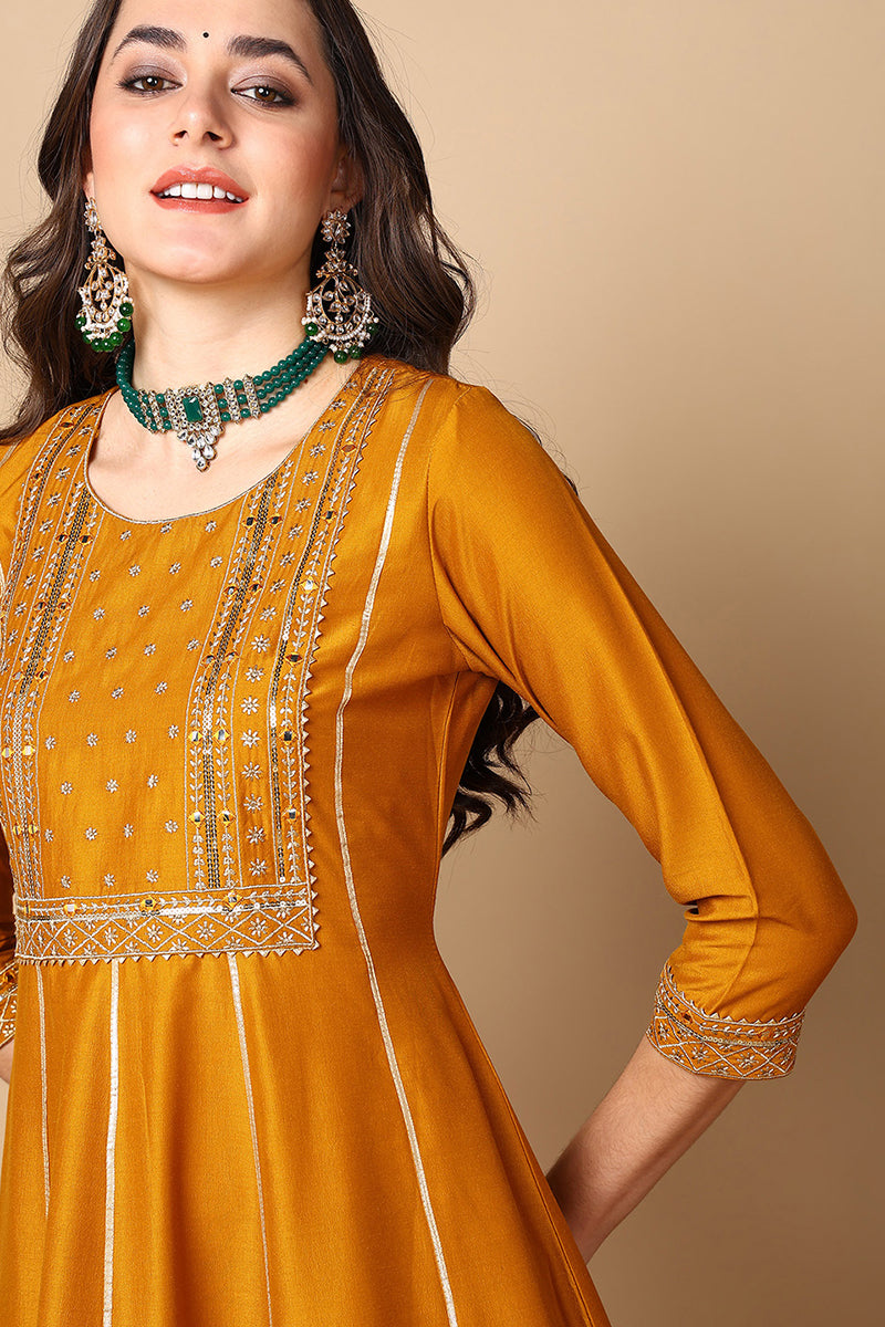 Mustard Yellow Silk Blend Solid Embroidered Anarkali Suit Set PKSKD2022
