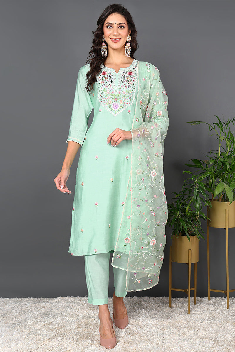 Plus Size Green Silk Blend Solid Embroidered Straight Style Suit Set PKSKD2027