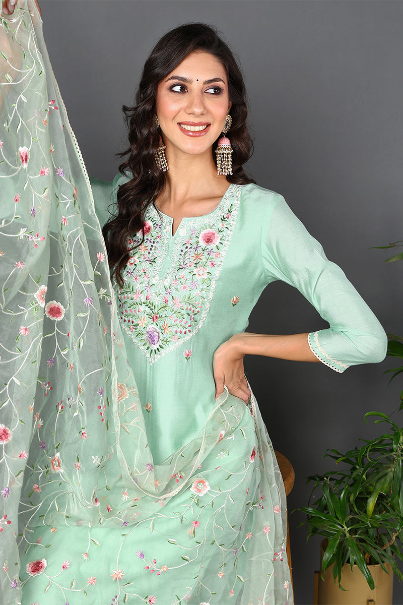 Plus Size Green Silk Blend Solid Embroidered Straight Style Suit Set PKSKD2027