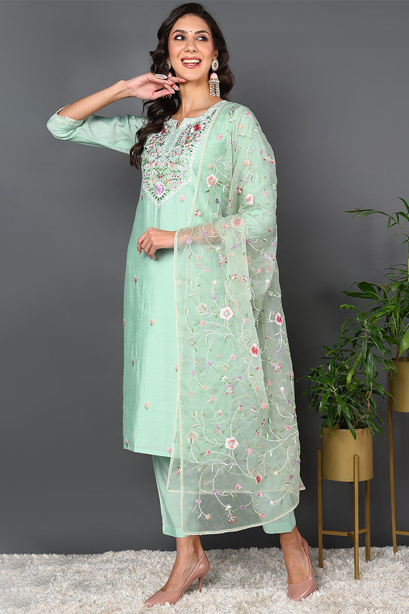 Green Silk Blend Solid Embroidered Straight Style Suit Set PKSKD2027