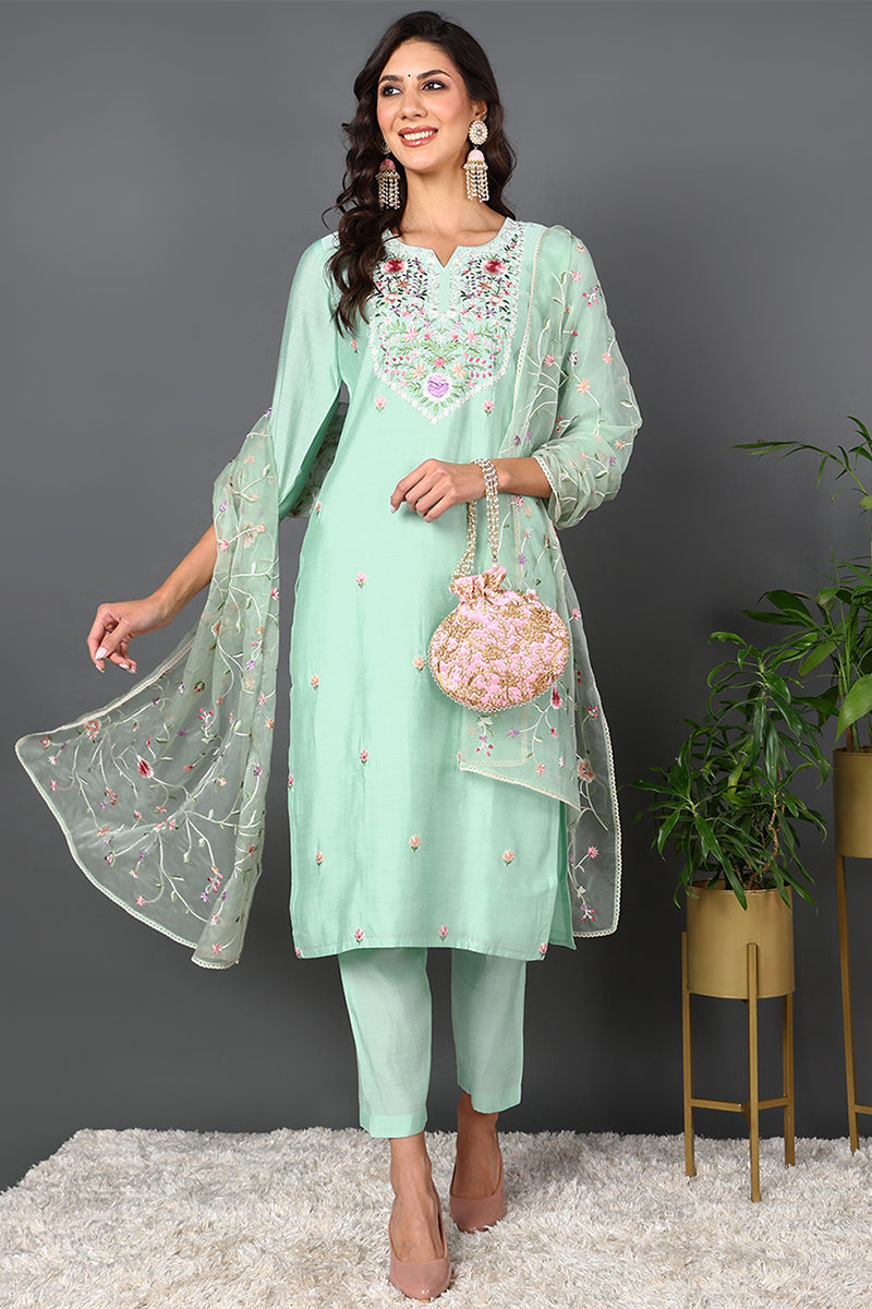 Green Silk Blend Solid Embroidered Straight Style Suit Set PKSKD2027