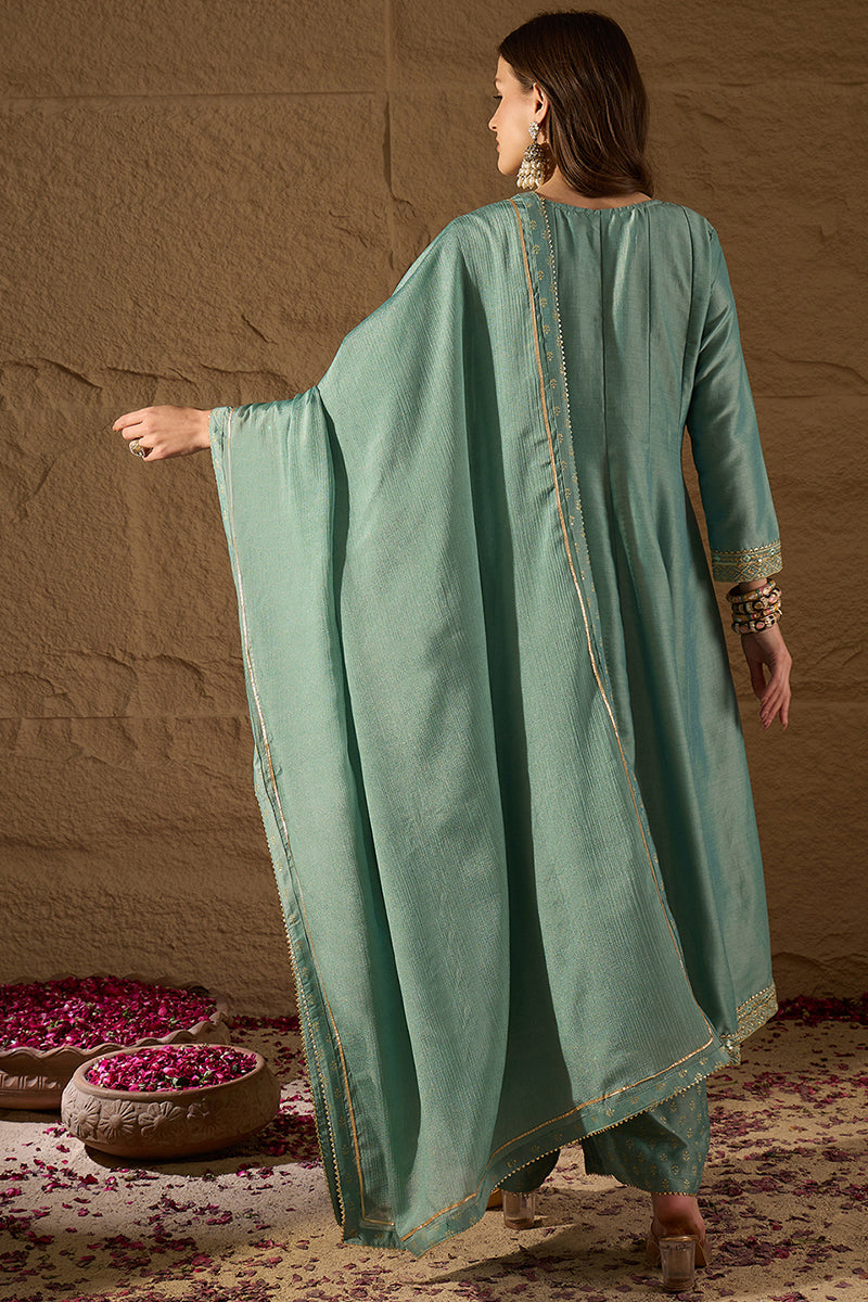 Sea Green Silk Blend Solid Embroidered Anarkali Suit Set PKSKD2036