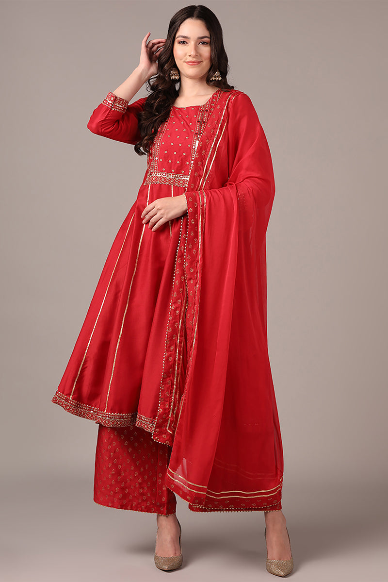 Plus Size Red Silk Blend Solid Yoke Design Anarkali Style Suit Set PKSKD2038