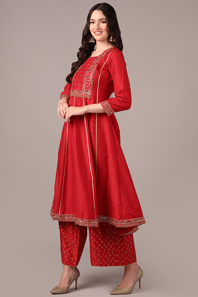Plus Size Red Silk Blend Solid Yoke Design Anarkali Style Suit Set PKSKD2038