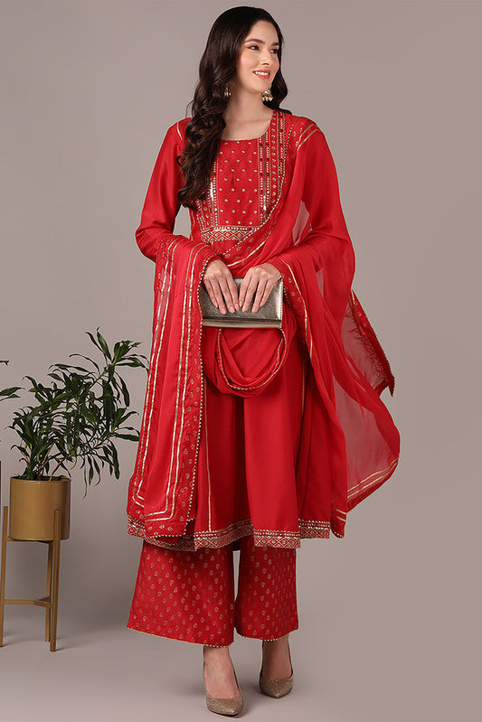 Red Silk Blend Solid Yoke Design Anarkali Style Suit Set PKSKD2038