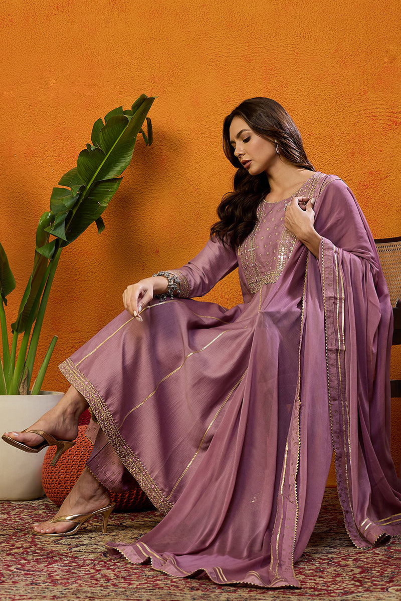 Pink Silk Blend Solid Yoke Design Zari Anarkali Style Suit Set PKSKD2039