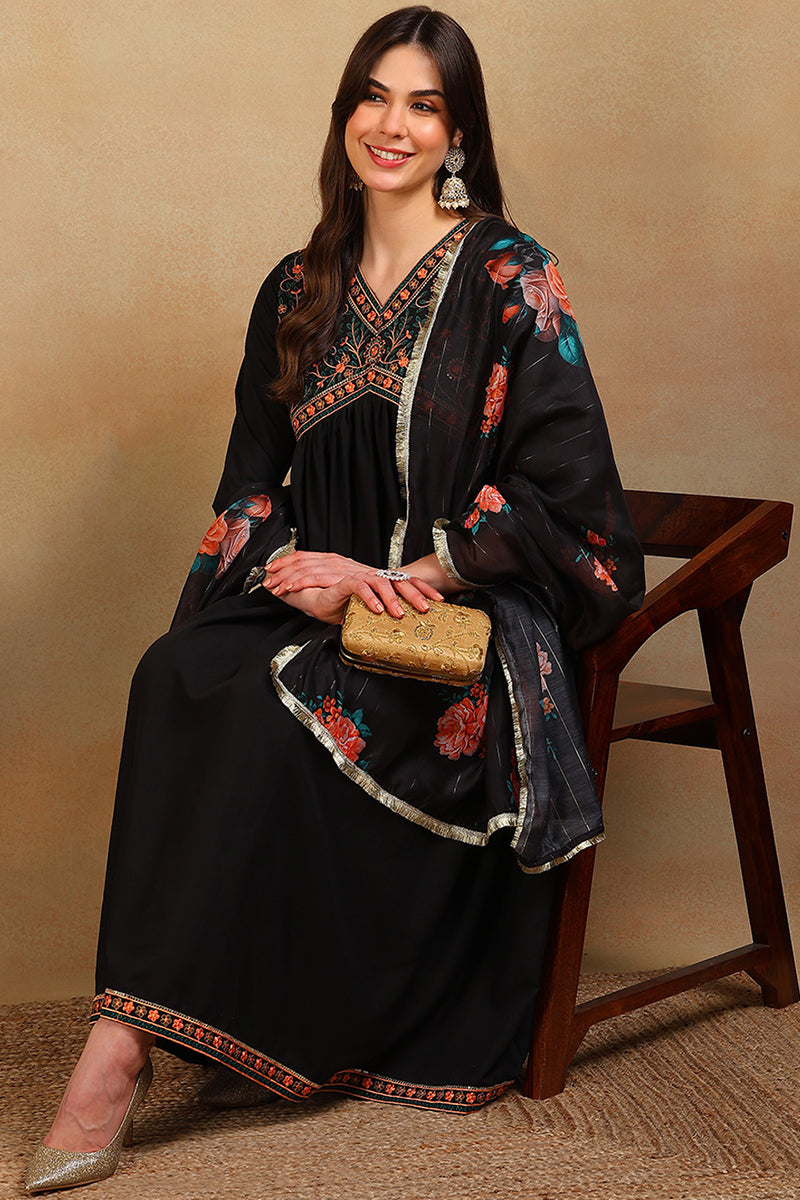 Black Silk Blend Solid Embroidered Flared Empire Suit Set PKSKD2045