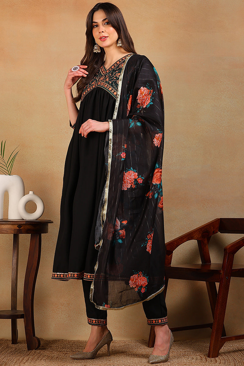 Black Silk Blend Solid Embroidered Flared Empire Suit Set PKSKD2045