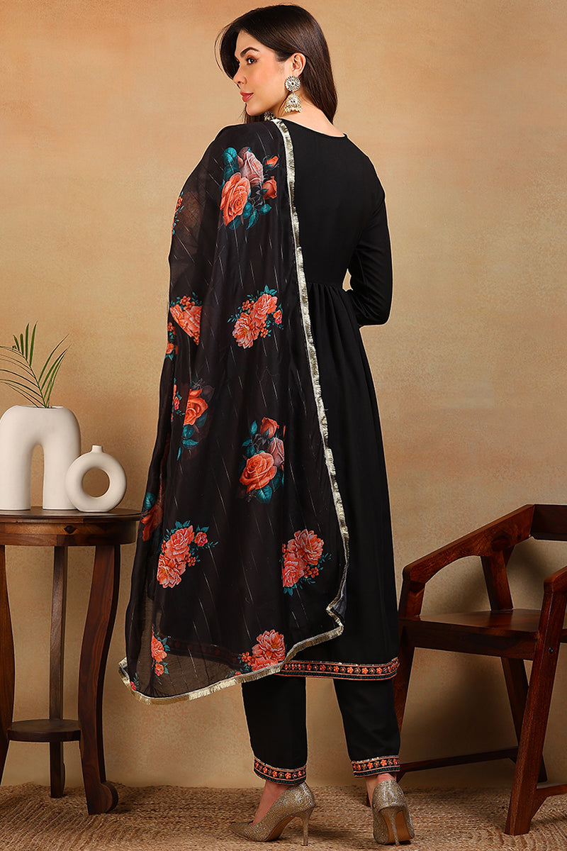 Black Silk Blend Solid Embroidered Flared Empire Suit Set PKSKD2045