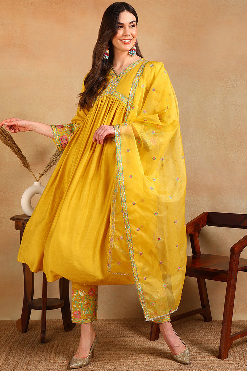 Yellow Silk Blend Embroidered Anarkali Suit Set PKSKD2046