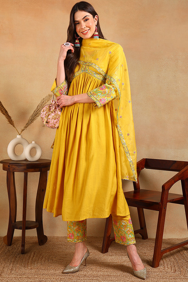 Yellow Silk Blend Embroidered Anarkali Suit Set PKSKD2046