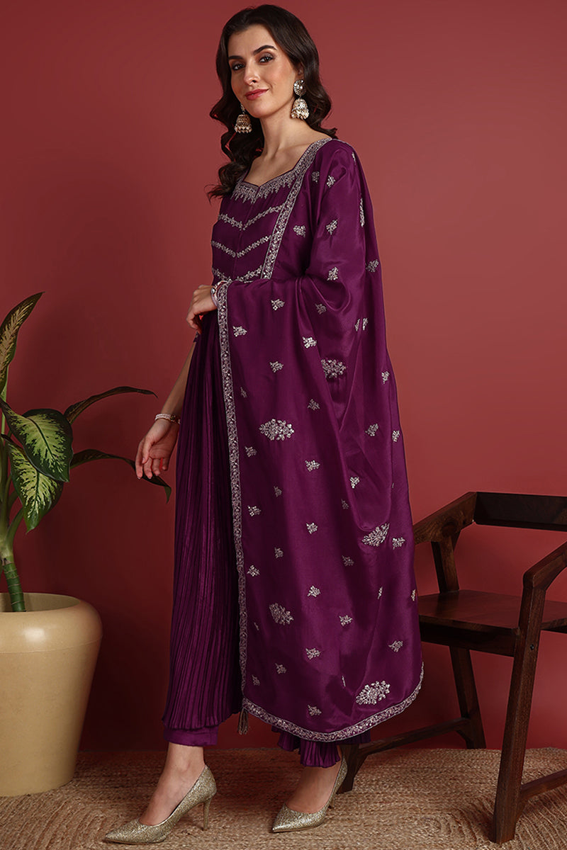 Purple Silk Blend Solid Embroidered Anarkali Suit Set PKSKD2064