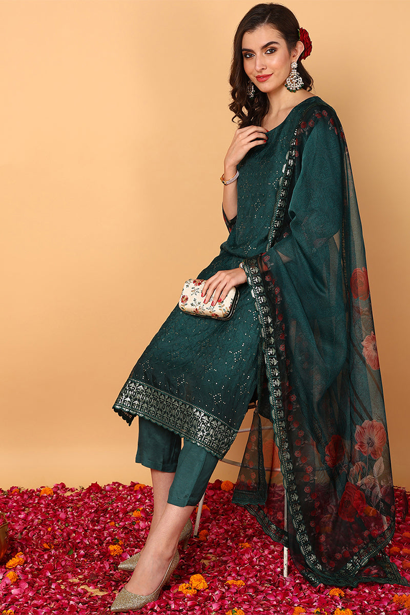 Green Organza Floral Embroidered Straight Suit Set PKSKD2090