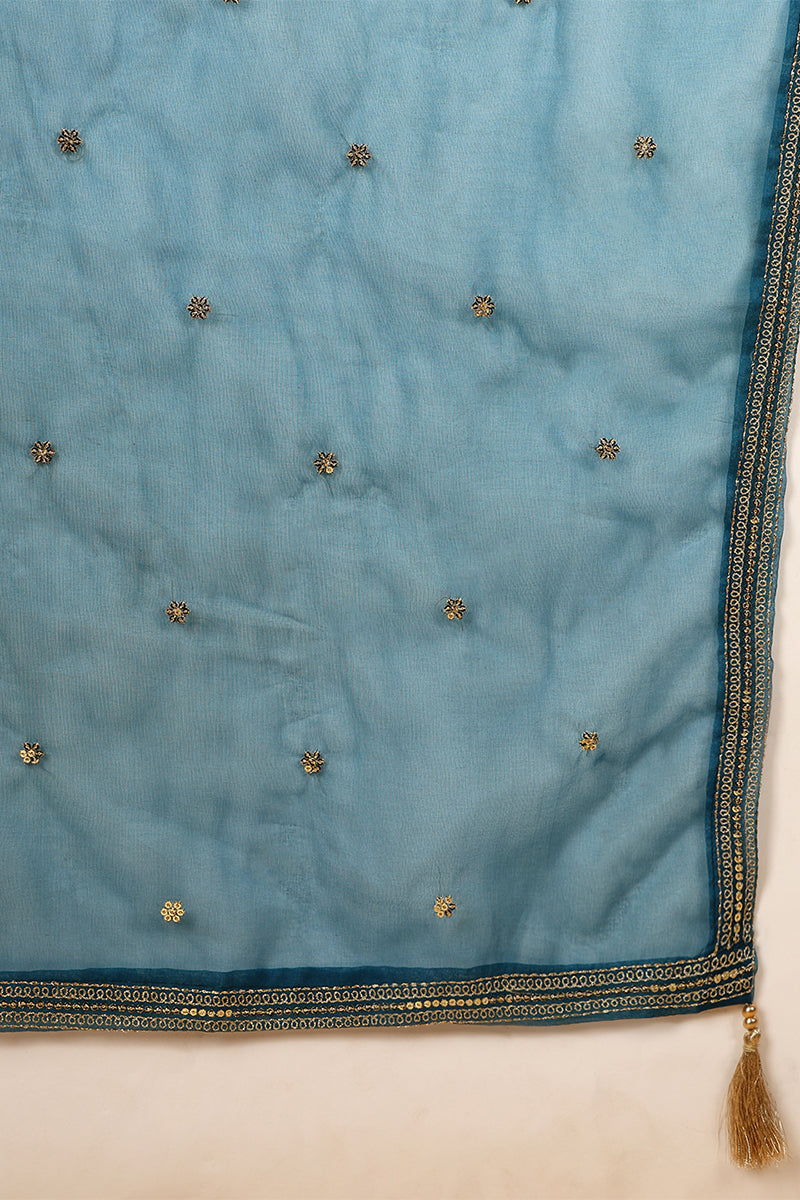 Blue Silk Blend Solid Embroidered Flared Style Suit Set PKSKD2095