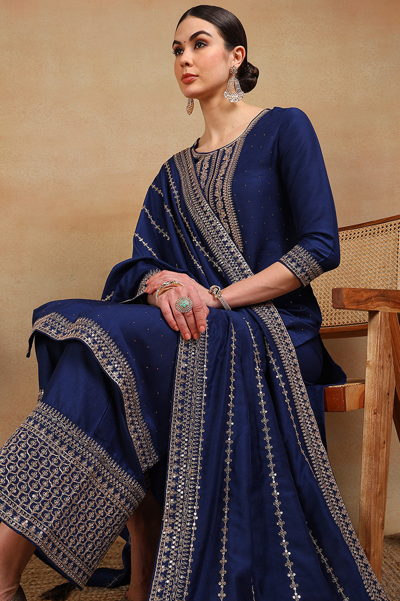 Blue Silk Blend Solid Yoke Design Straight Suit Set PKSKD2097