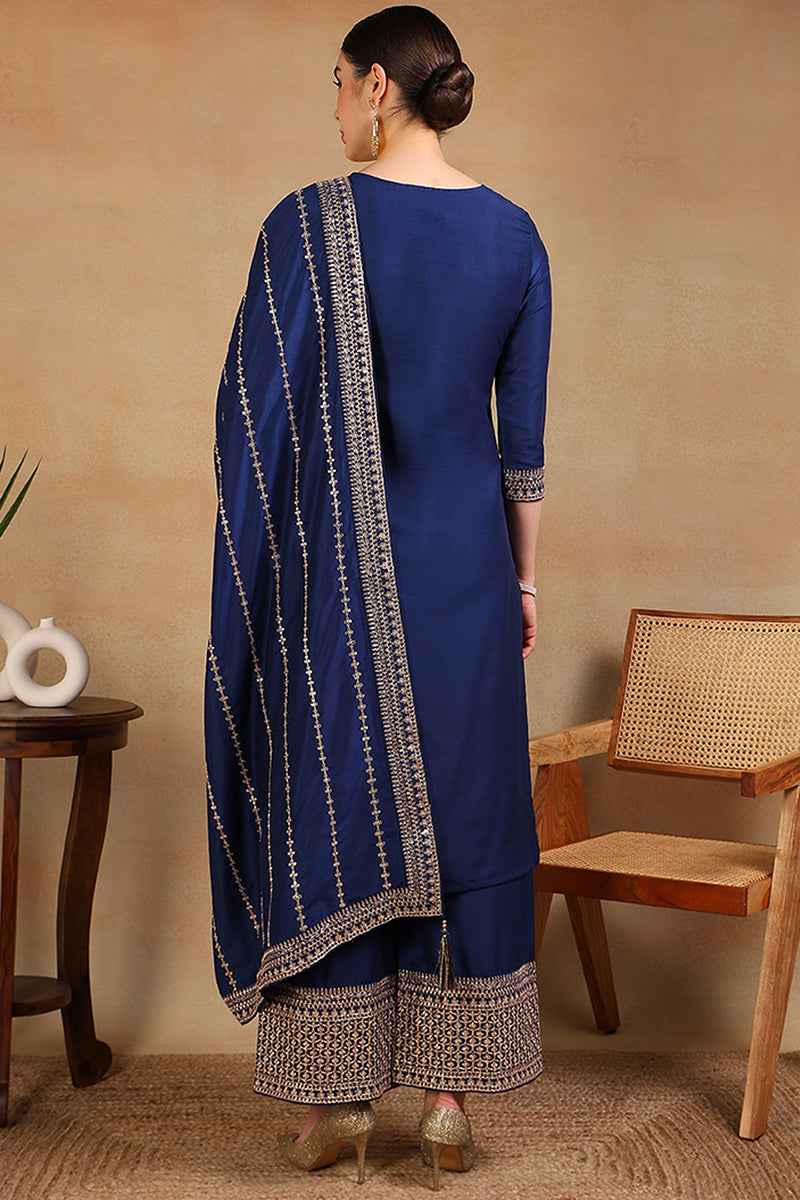 Blue Silk Blend Solid Yoke Design Straight Suit Set PKSKD2097