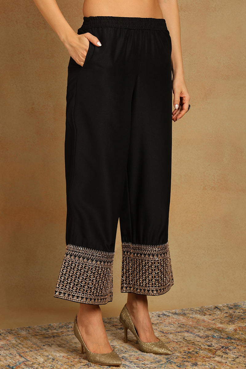 Black Silk Blend Solid Embroidered Straight Suit Set PKSKD2098