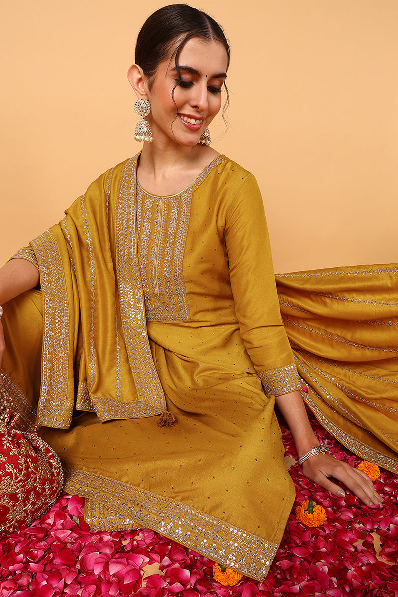 Mustard Yellow Silk Blend Solid Embroidered Straight Suit Set PKSKD2099