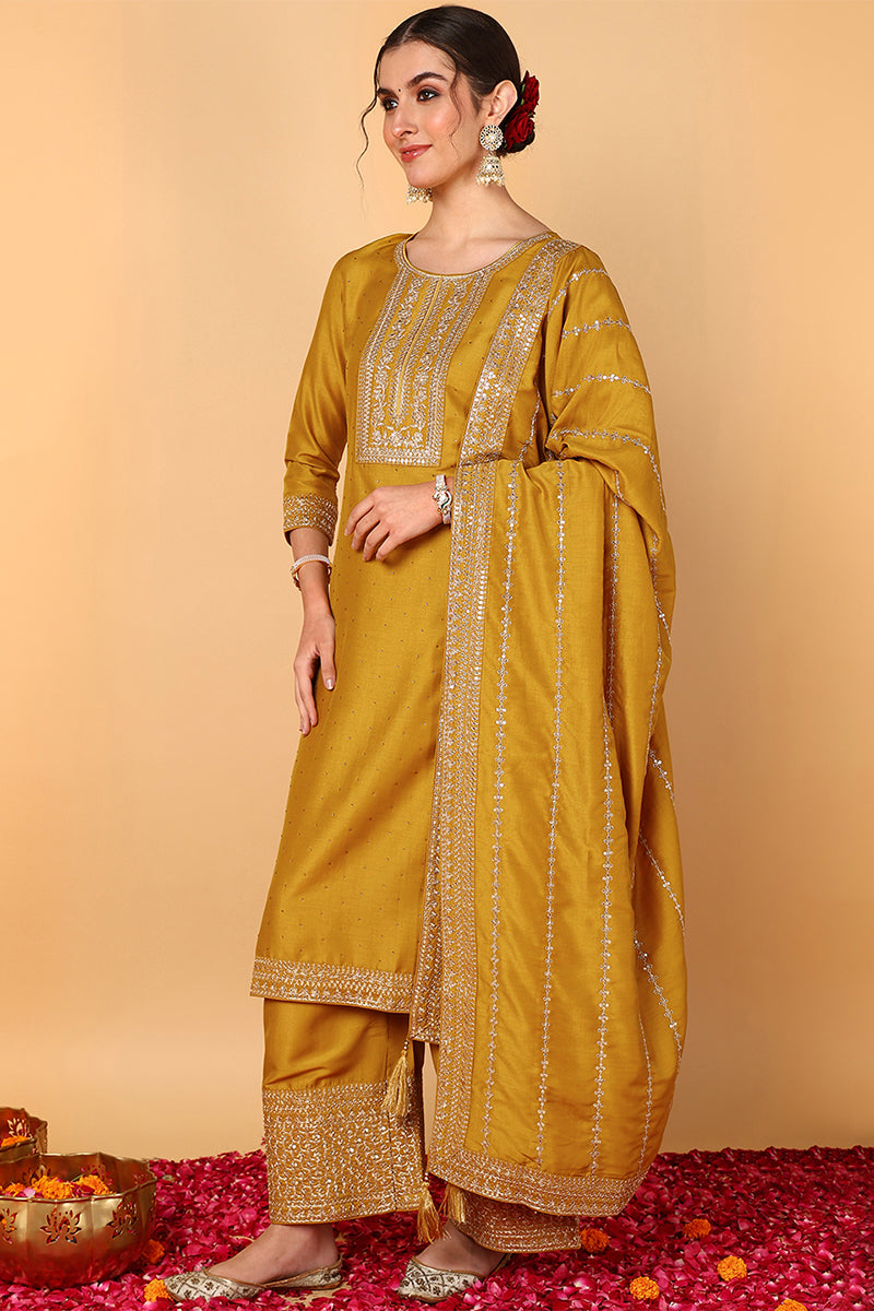 Mustard Yellow Silk Blend Solid Embroidered Straight Suit Set PKSKD2099