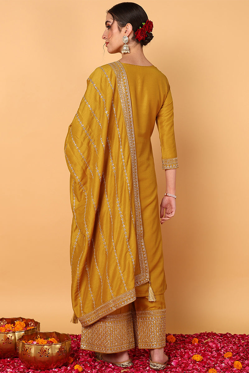 Mustard Yellow Silk Blend Solid Embroidered Straight Suit Set PKSKD2099