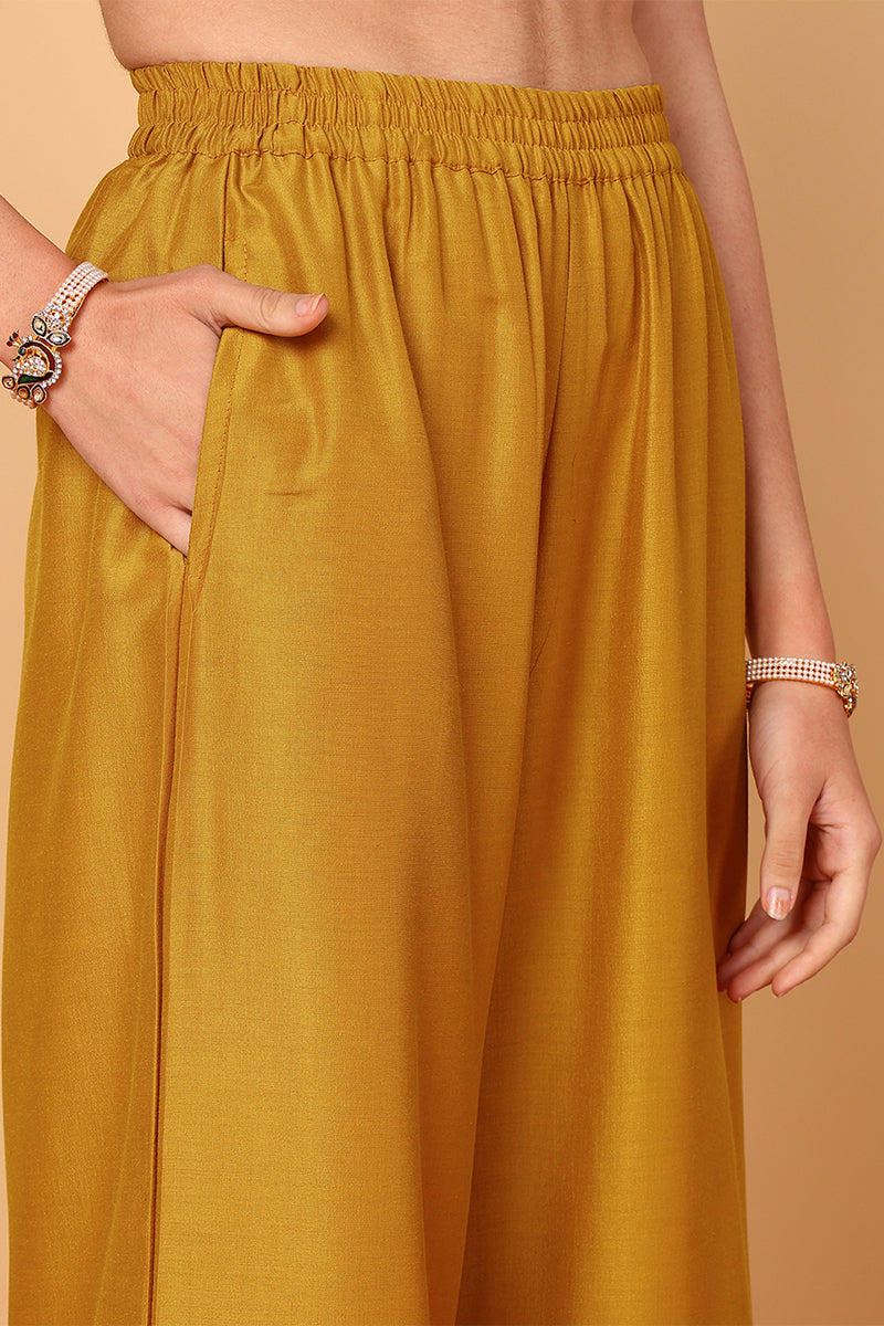 Mustard Yellow Silk Blend Solid Embroidered Straight Suit Set PKSKD2099