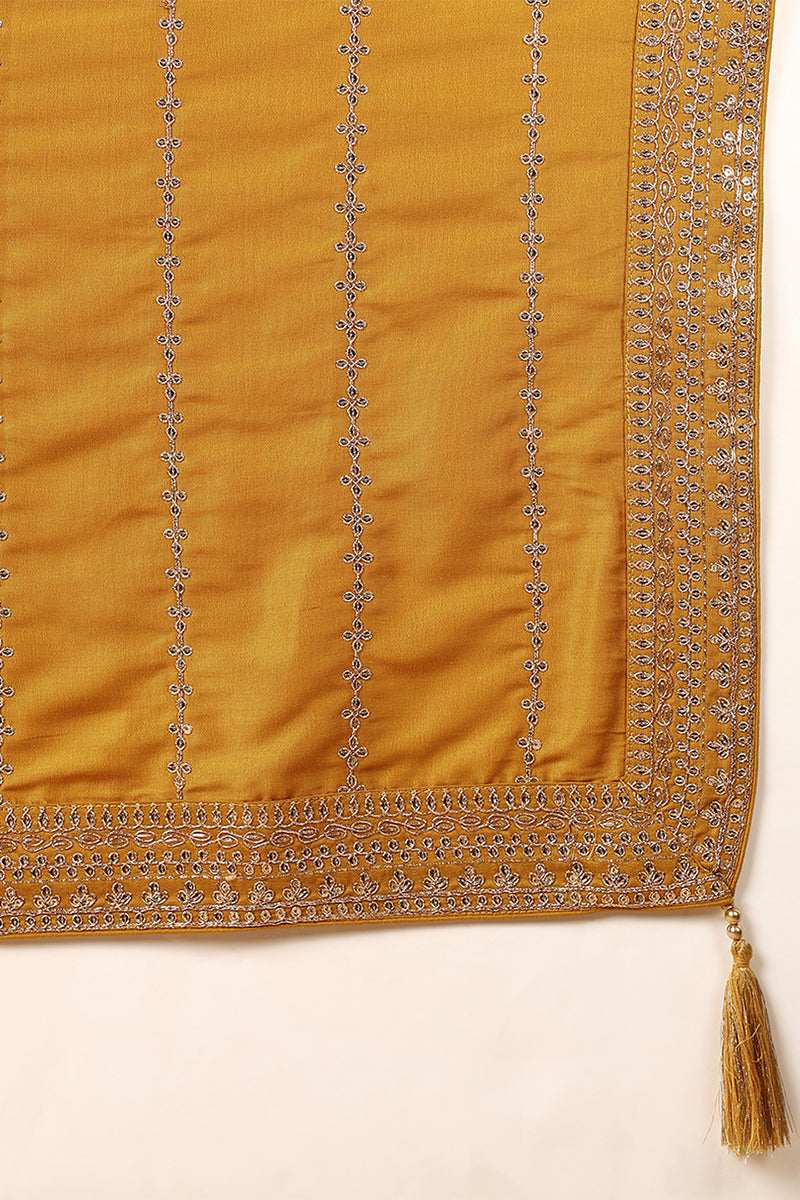 Mustard Yellow Silk Blend Solid Embroidered Straight Suit Set PKSKD2099