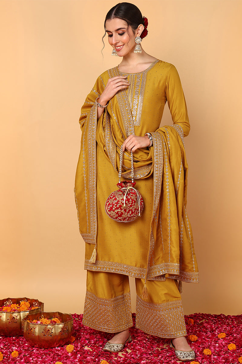 Mustard Yellow Silk Blend Solid Embroidered Straight Suit Set PKSKD2099