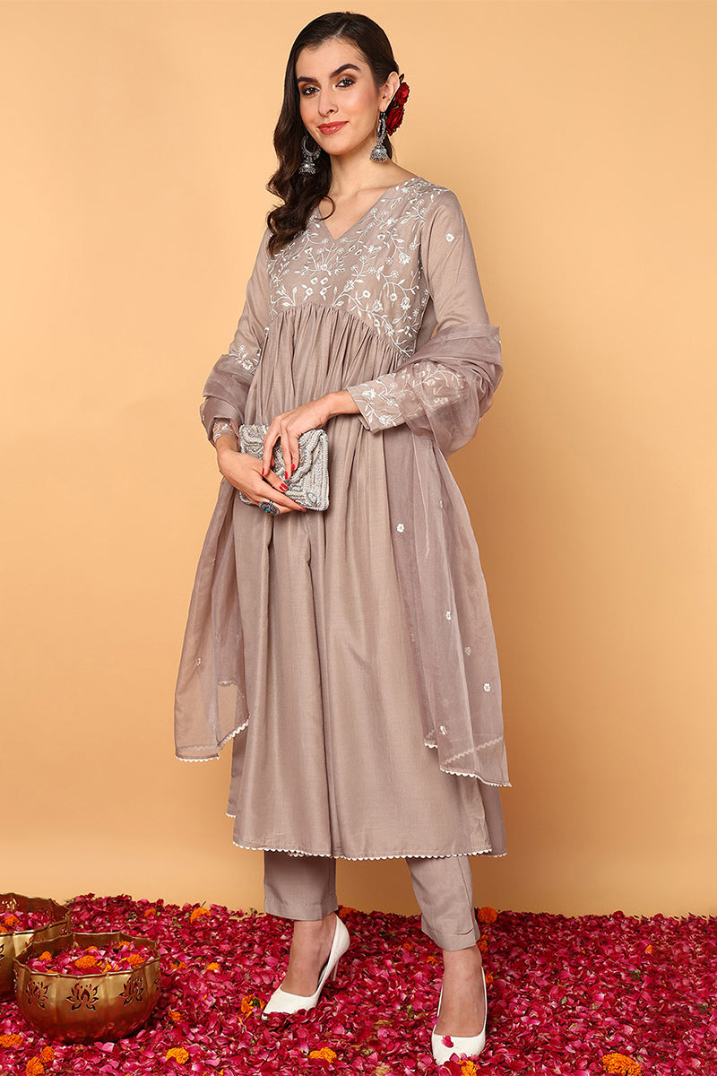 Plus Size Nude Silk Blend Solid Embroidered Flared Suit Set PKSKD2108