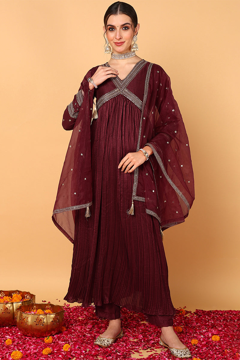 Plus Size Maroon Silk Blend Solid Embroidered Flared Suit Set PKSKD2110