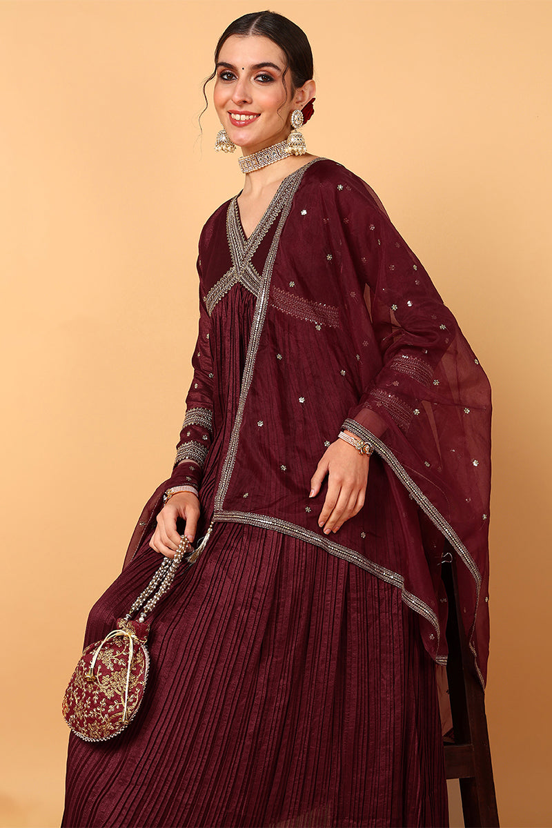 Maroon Silk Blend Solid Embroidered Flared Suit Set PKSKD2110