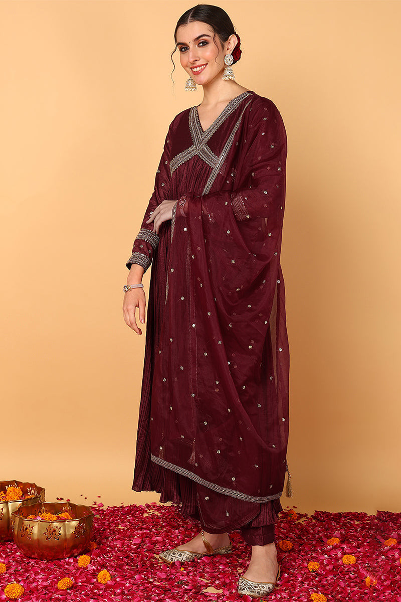 Plus Size Maroon Silk Blend Solid Embroidered Flared Suit Set PKSKD2110