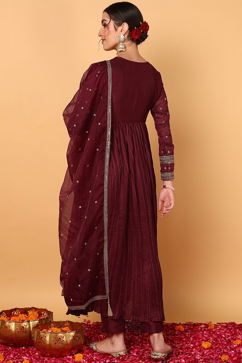 Plus Size Maroon Silk Blend Solid Embroidered Flared Suit Set PKSKD2110