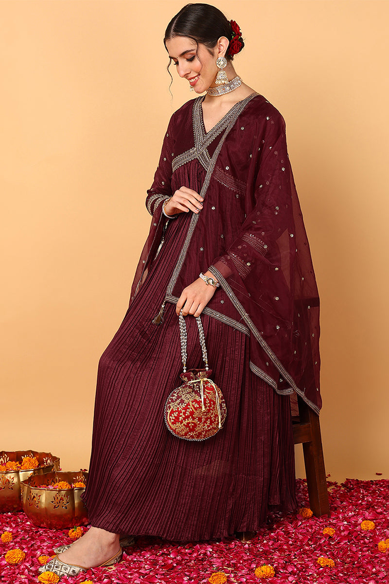 Maroon Silk Blend Solid Embroidered Flared Suit Set PKSKD2110