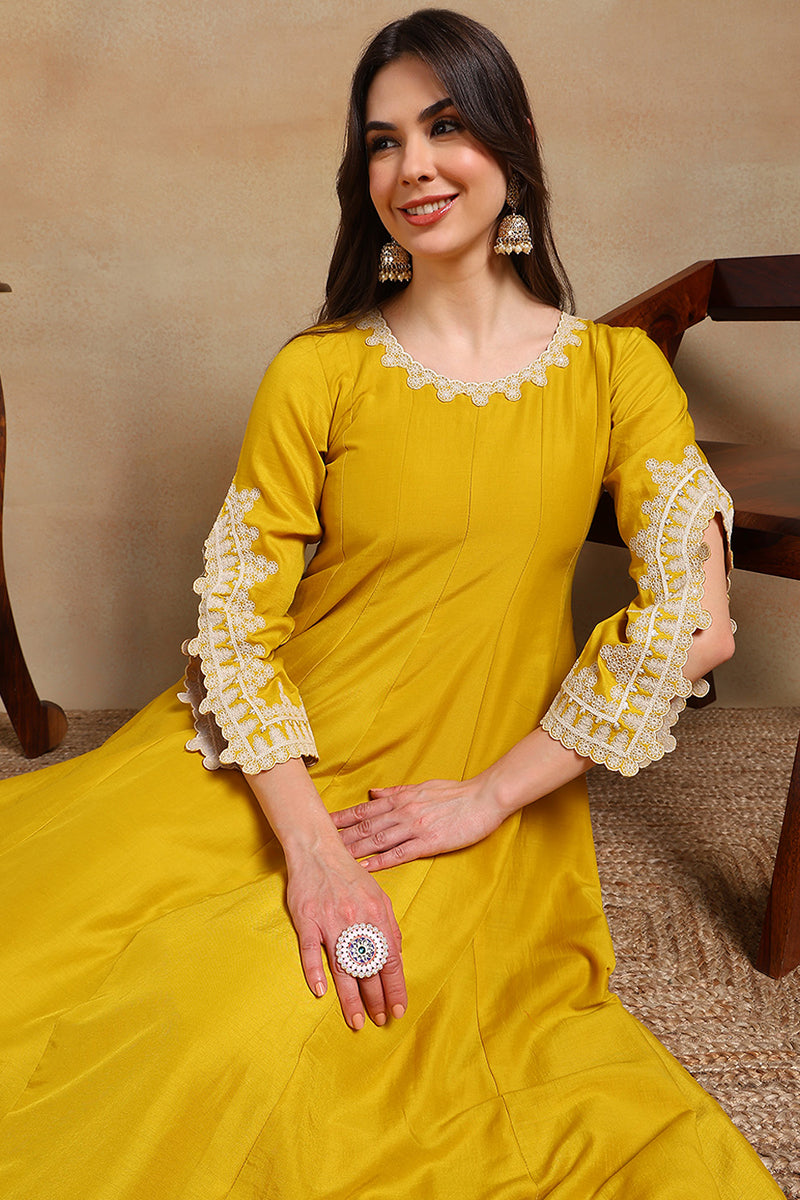 Yellow Silk Blend Solid Embroidered Flared Suit Set PKSKD2118