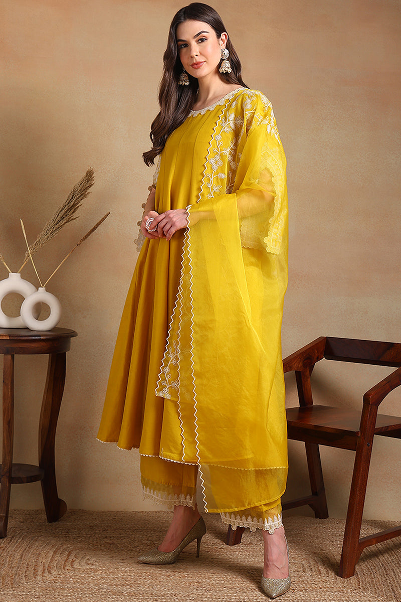 Yellow Silk Blend Solid Embroidered Flared Suit Set PKSKD2118