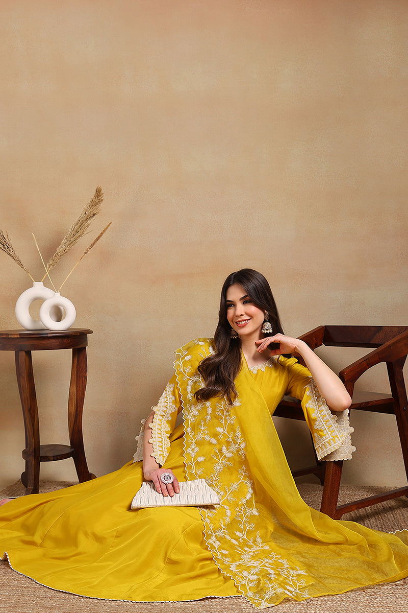 Yellow Silk Blend Solid Embroidered Flared Suit Set PKSKD2118