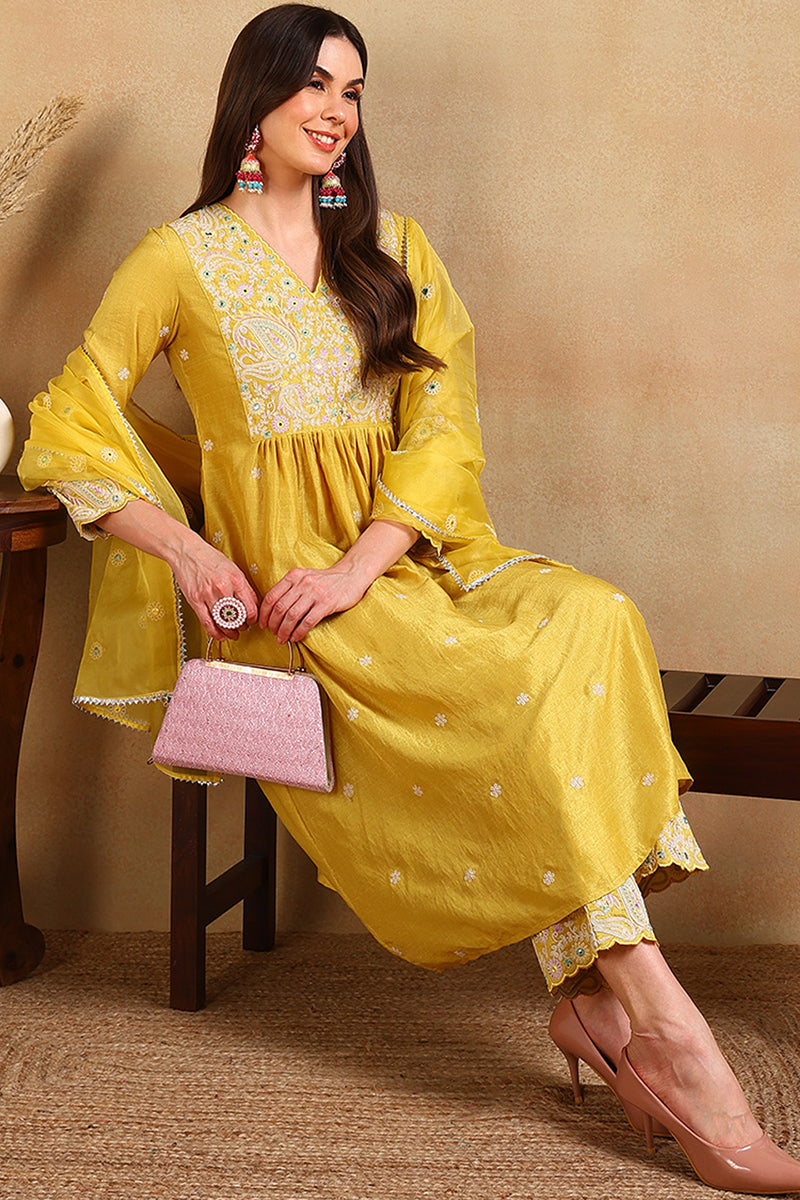 Yellow Silk Blend Solid Yoke Design Flared Style Suit Set PKSKD2125