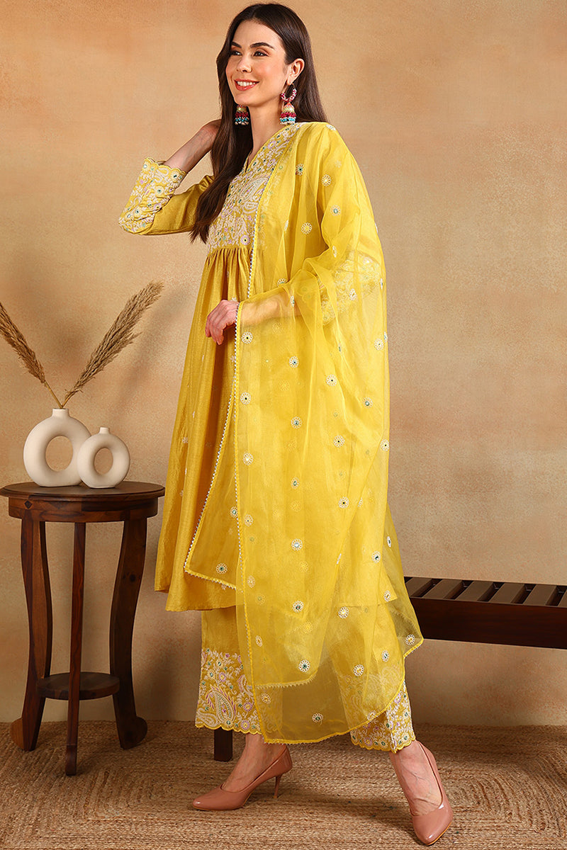 Yellow Silk Blend Solid Yoke Design Flared Style Suit Set PKSKD2125