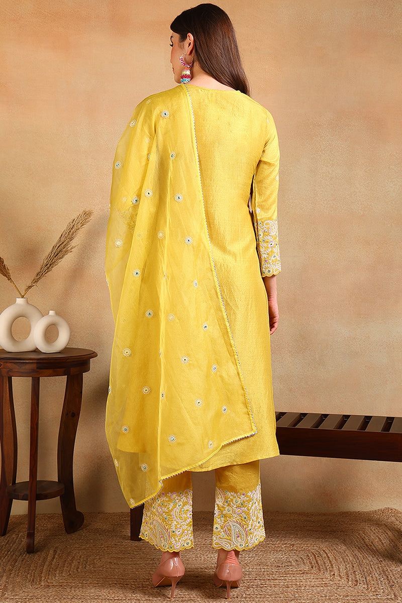 Yellow Silk Blend Solid Yoke Design Flared Style Suit Set PKSKD2125