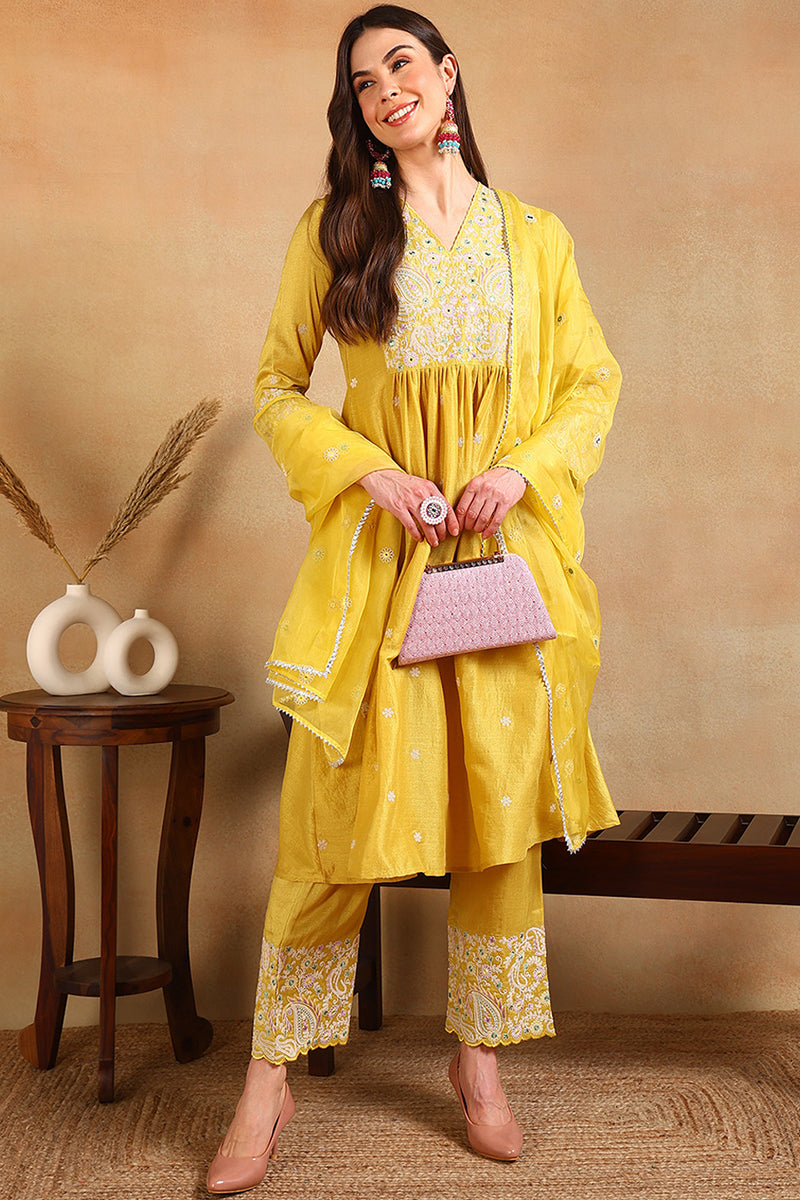 Yellow Silk Blend Solid Yoke Design Flared Style Suit Set PKSKD2125