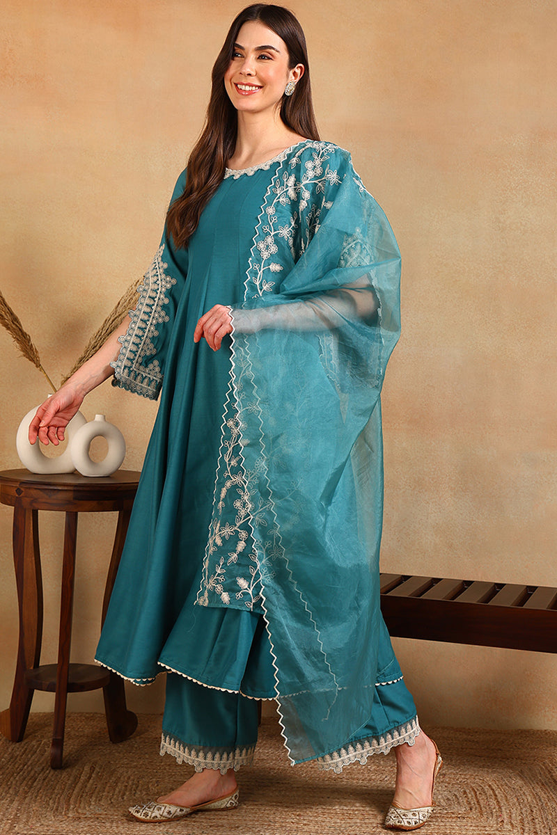 Blue Silk Blend Solid Embroidered Flared Suit Set PKSKD2127