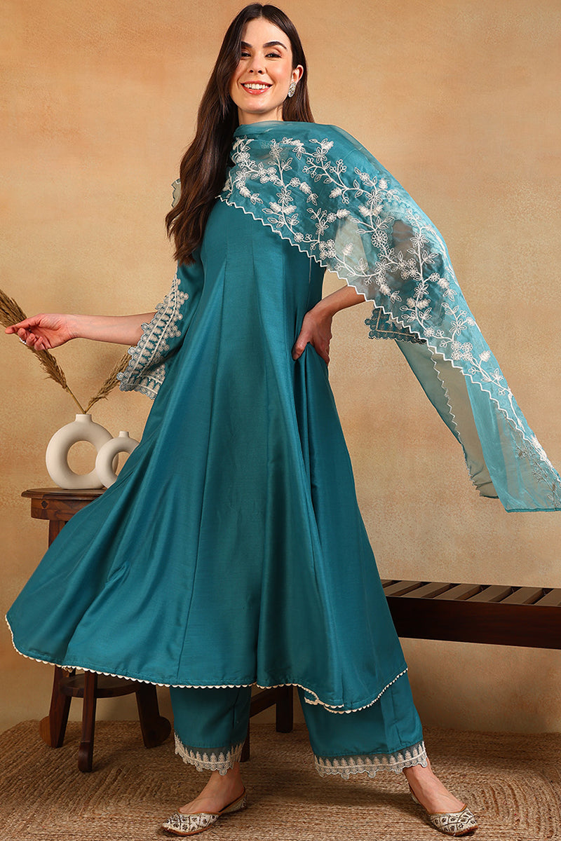 Blue Silk Blend Solid Embroidered Flared Suit Set PKSKD2127