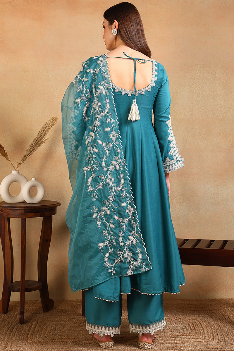 Blue Silk Blend Solid Embroidered Flared Suit Set PKSKD2127