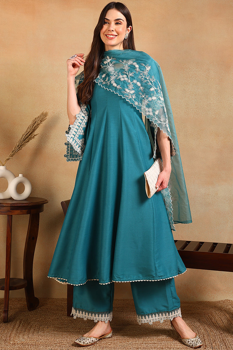 Blue Silk Blend Solid Embroidered Flared Suit Set PKSKD2127