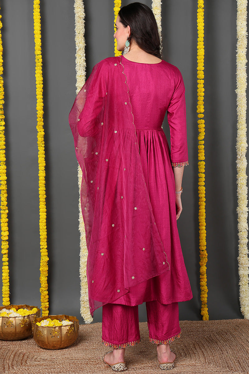 Pink Silk Blend Solid Embroidered Flared Suit Set PKSKD2144