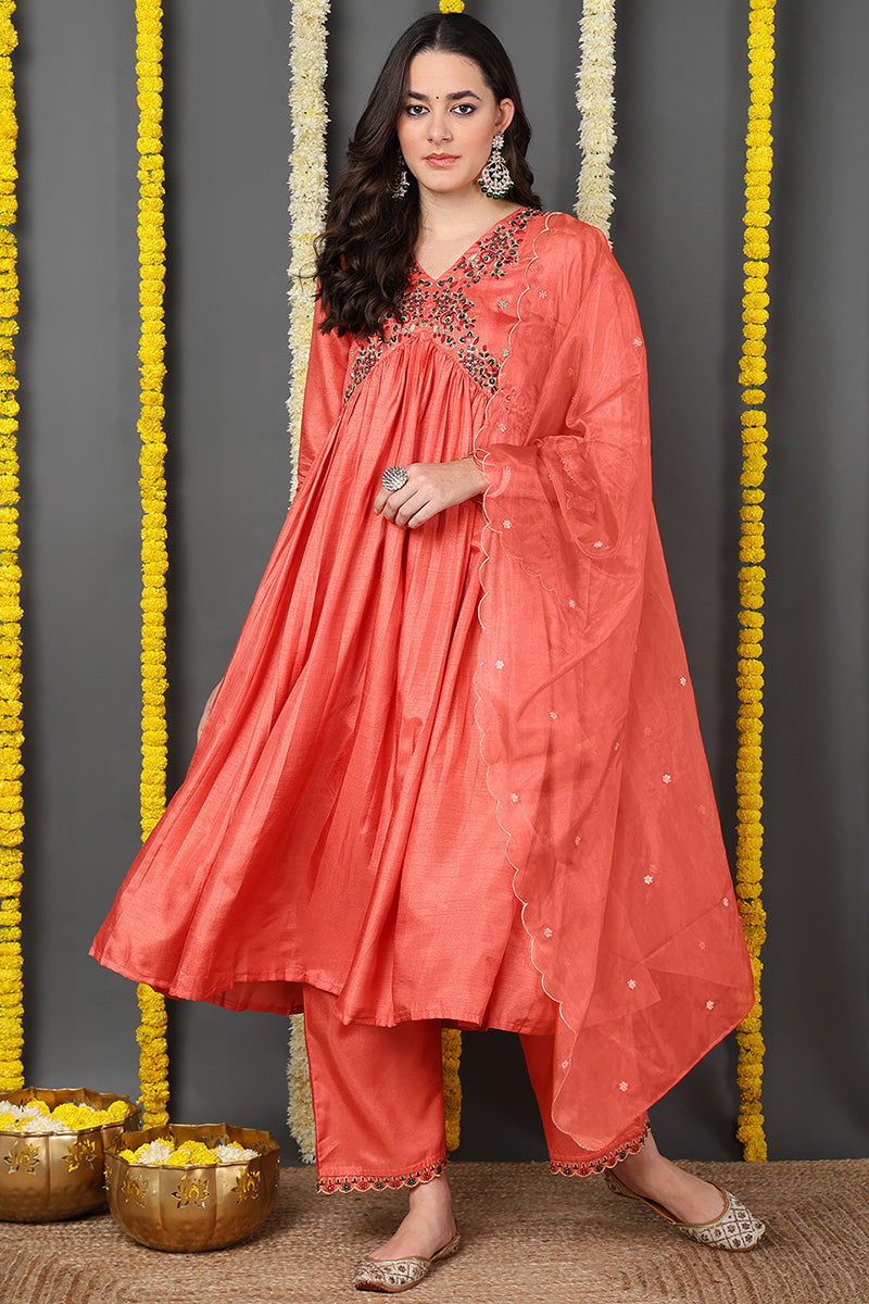 Orange Silk Blend Solid Embroidered Flared Suit Set PKSKD2145